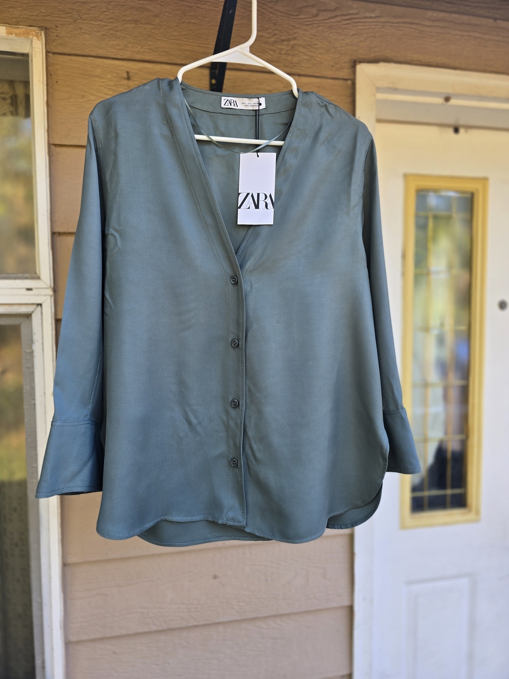 Zara Teal Button-Front V-Neck Blouse - Size Large